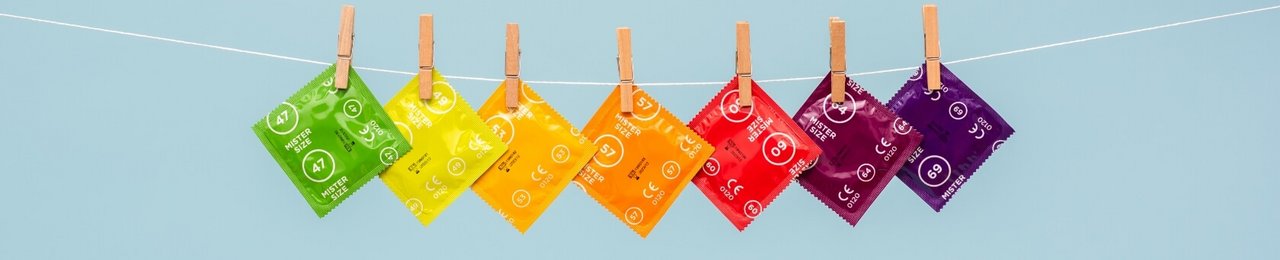 Kondomer fra Mister Size i forskjellige størrelser på linje