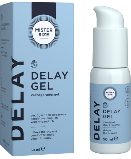 Mister Size Delay Gel kartong og pumpedispenserflaske
