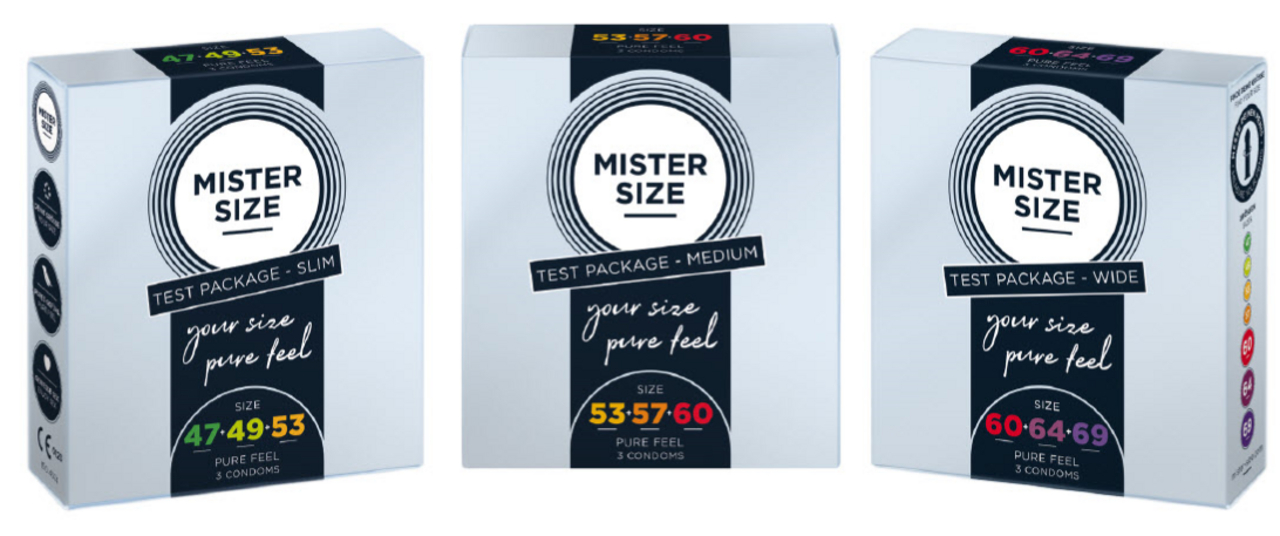 Tre forskjellige Mister Size kondomtestpakker