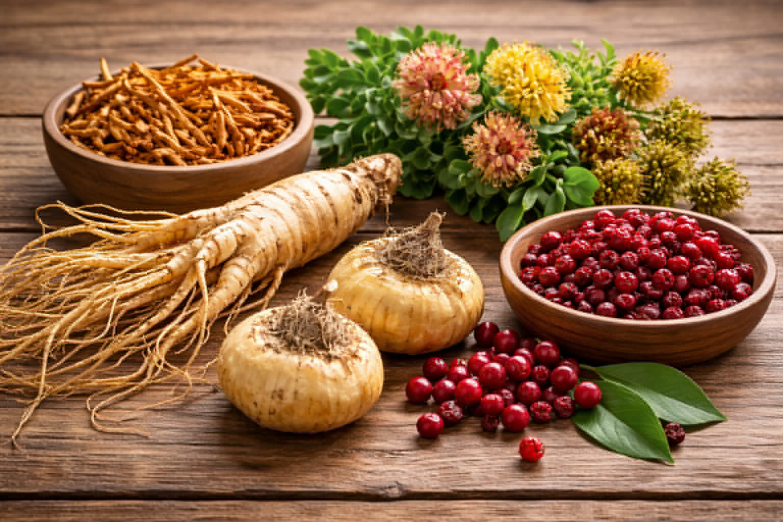 Ingredienser i mange urtebaserte potensmidler: Ginseng, Cordyceps, Rhodiola, Schisandra og Maca